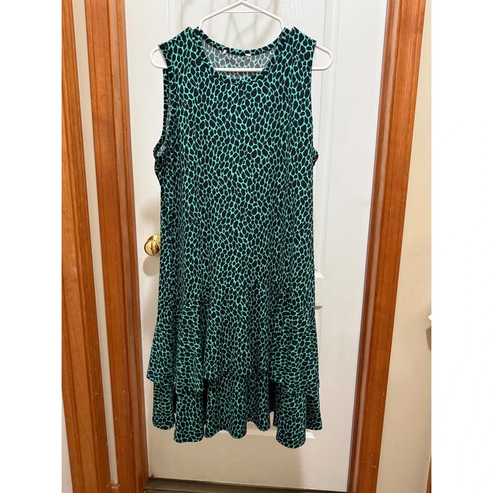 Michael Kors Teal Black Giraffe Print Tiered Ruffle Hem Sleeveless Dress XL